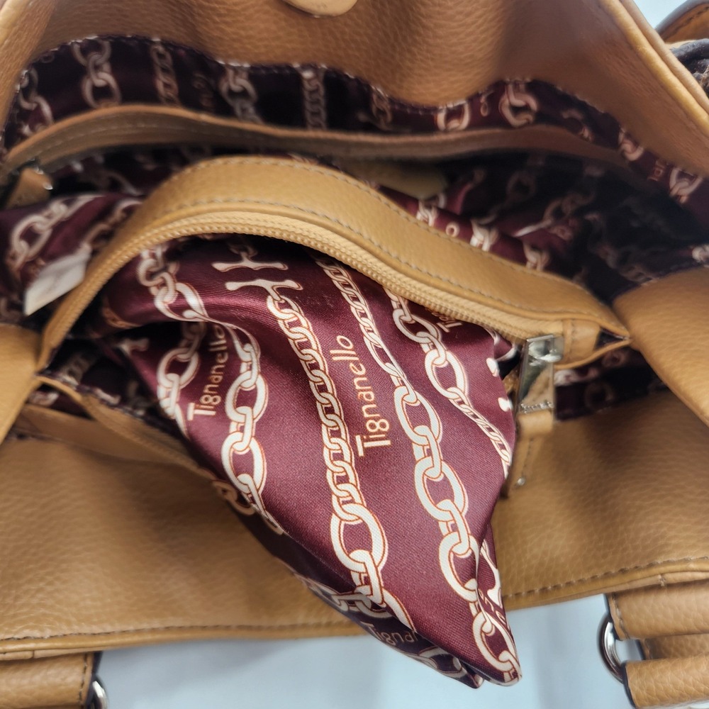Tignanello Leather Tote Shoulder Bag Tan Brown Multi Pocket Chain Lined - Picture 15 of 16